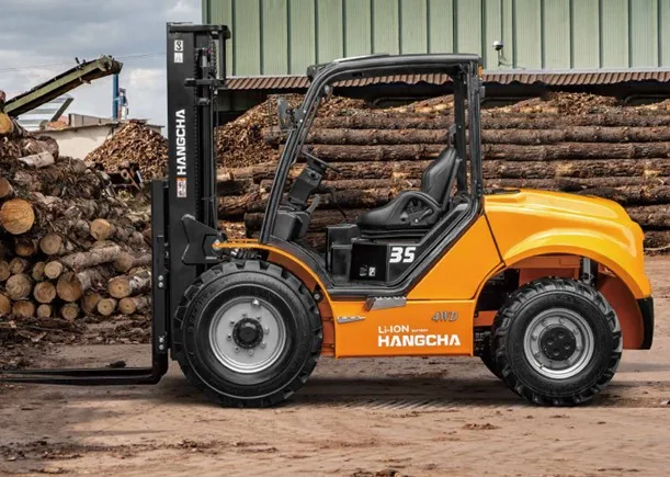 Hangcha high voltage rough terrain forklift operating on uneven surfaces, designed for outdoor, heavy-duty tasks with electric power.