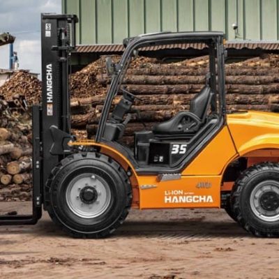 Hangcha high voltage rough terrain forklift operating on uneven surfaces, designed for outdoor, heavy-duty tasks with electric power.